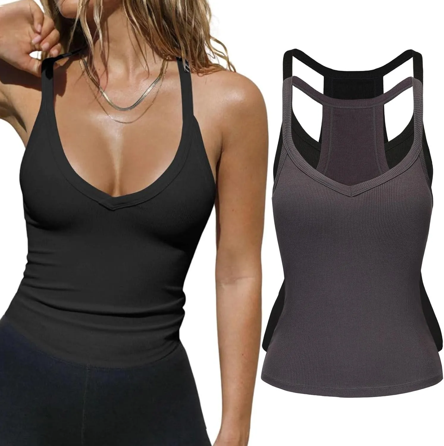 2 Pack V Neck Tank Tops for Women Built in Bra Racerback Womens Tank Tops Basics Yoga Ribbed Gym Sleeveless Shirts