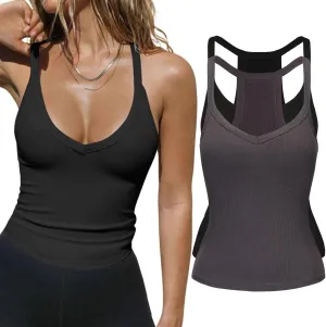 2 Pack V Neck Tank Tops for Women Built in Bra Racerback Womens Tank Tops Basics Yoga Ribbed Gym Sleeveless Shirts