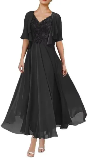 2 Piece Tea Length Mother of The Bride Dresses with Jacket A Line Formal Evening Gown with Pockets