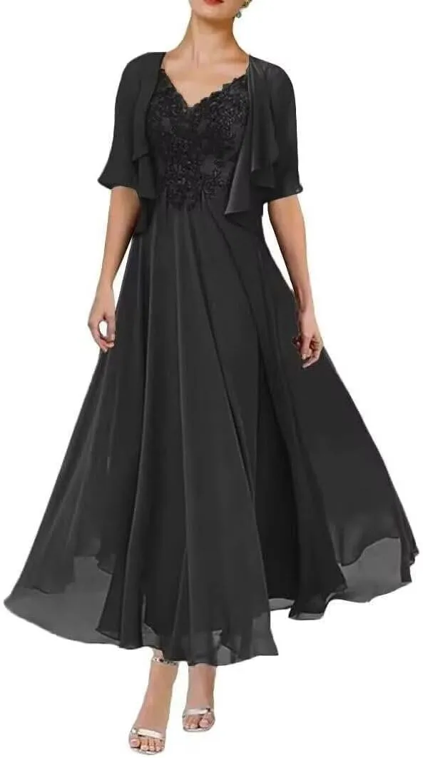 2 Piece Tea Length Mother of The Bride Dresses with Jacket A Line Formal Evening Gown with Pockets