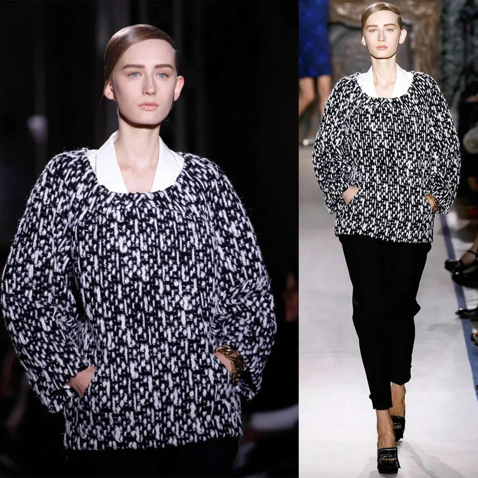 2011 Yves Saint Laurent Black and White Wool Tweed Runway Sweater