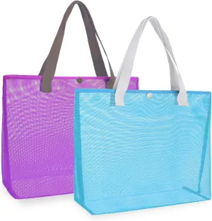 2Pack Large lightweight Simple Mesh Beach Tote Bag With snap Button Reusable Pool Bag for Outdoor Travel Shopping Gym