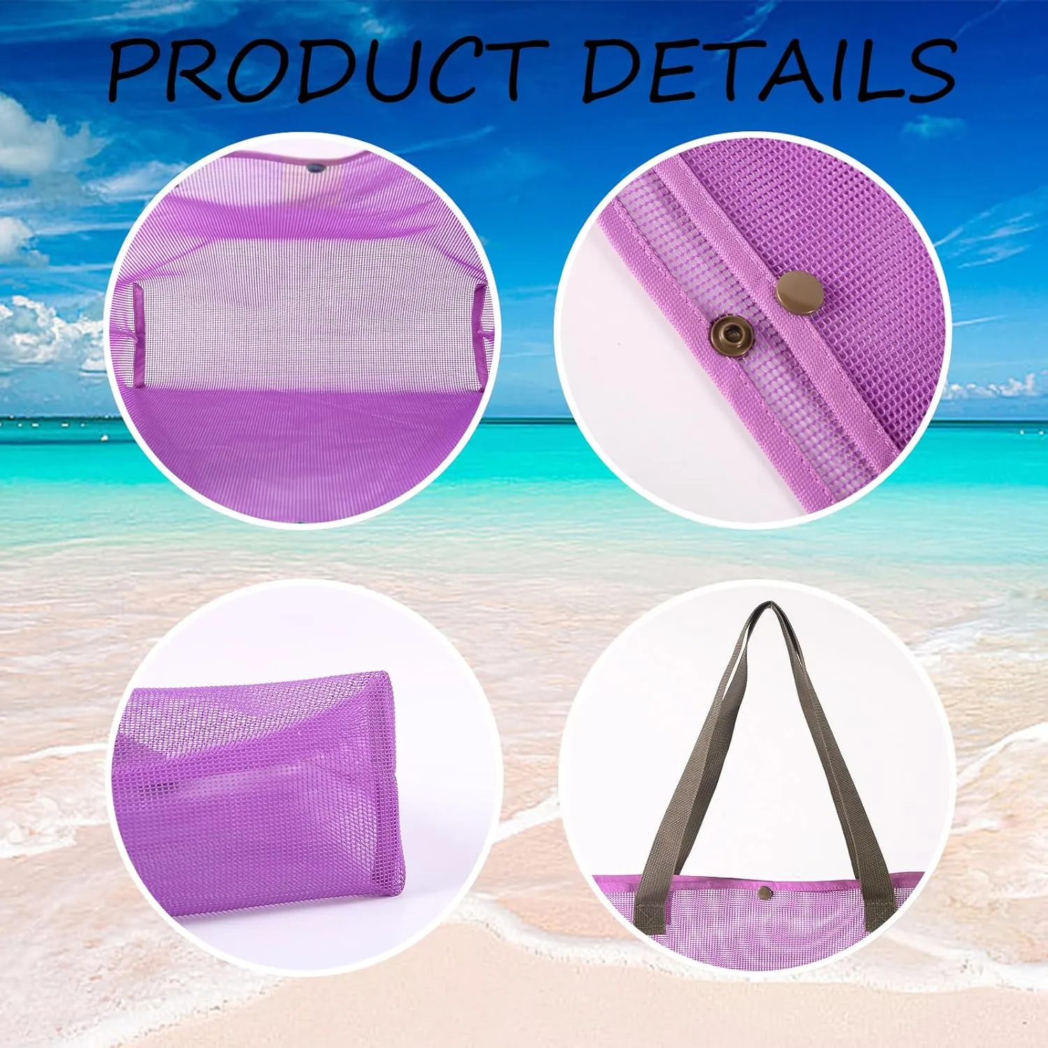 2Pack Large lightweight Simple Mesh Beach Tote Bag With snap Button Reusable Pool Bag for Outdoor Travel Shopping Gym
