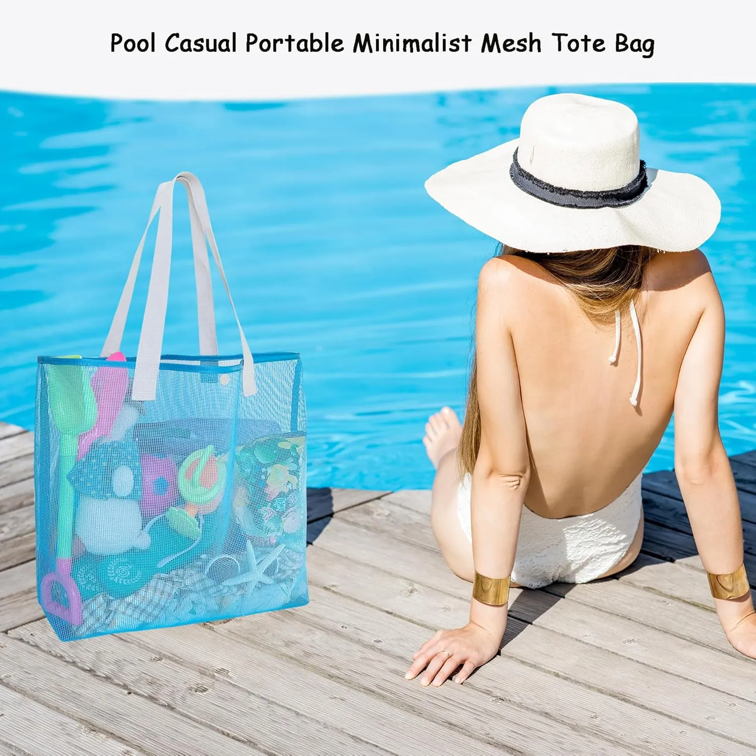 2Pack Large lightweight Simple Mesh Beach Tote Bag With snap Button Reusable Pool Bag for Outdoor Travel Shopping Gym