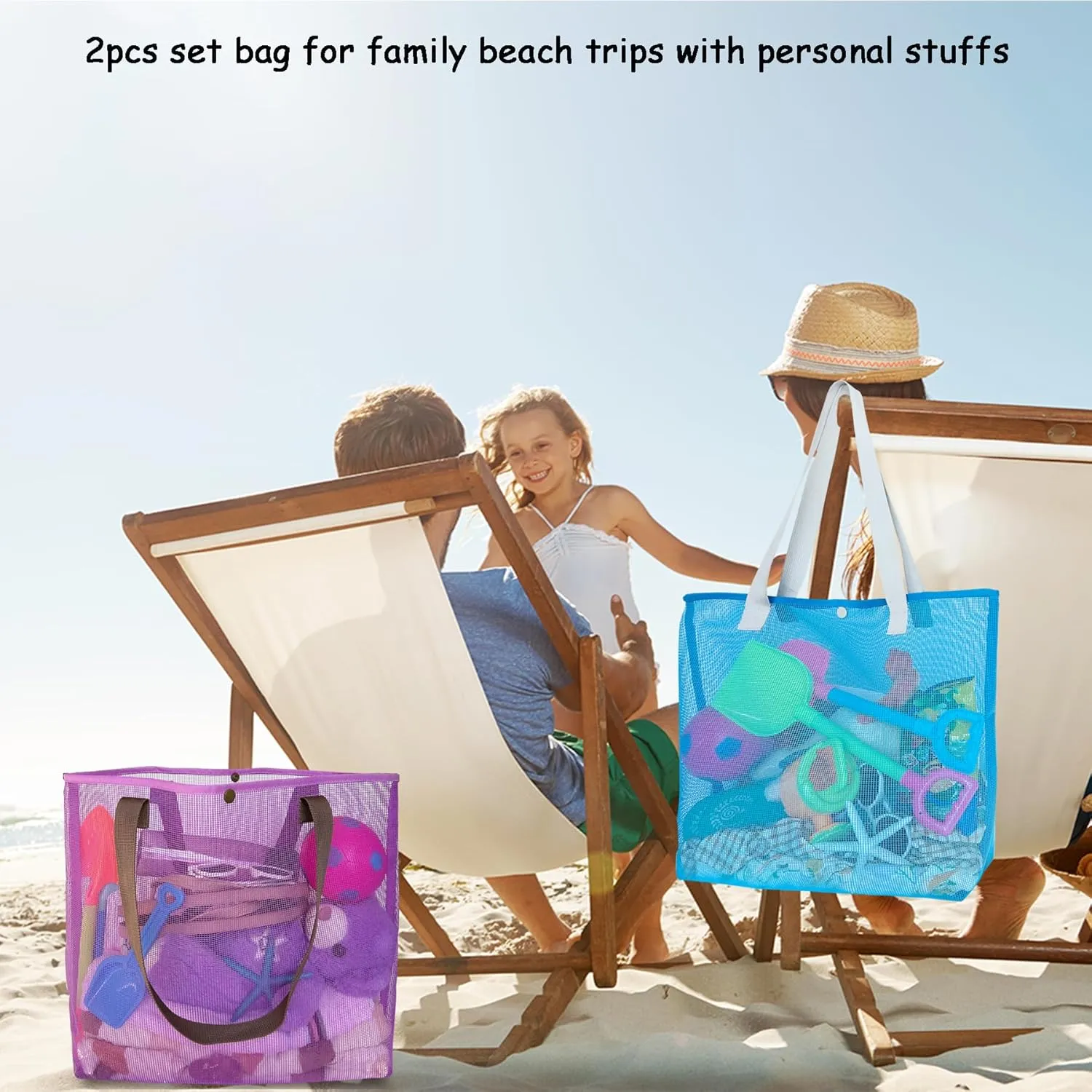 2Pack Large lightweight Simple Mesh Beach Tote Bag With snap Button Reusable Pool Bag for Outdoor Travel Shopping Gym