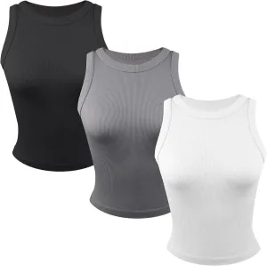 3 Pack Stretch Tank Tops for Women, Ribbed Seamless Crew Neck Womens Workout Crop Top Yoga Gym Shirts