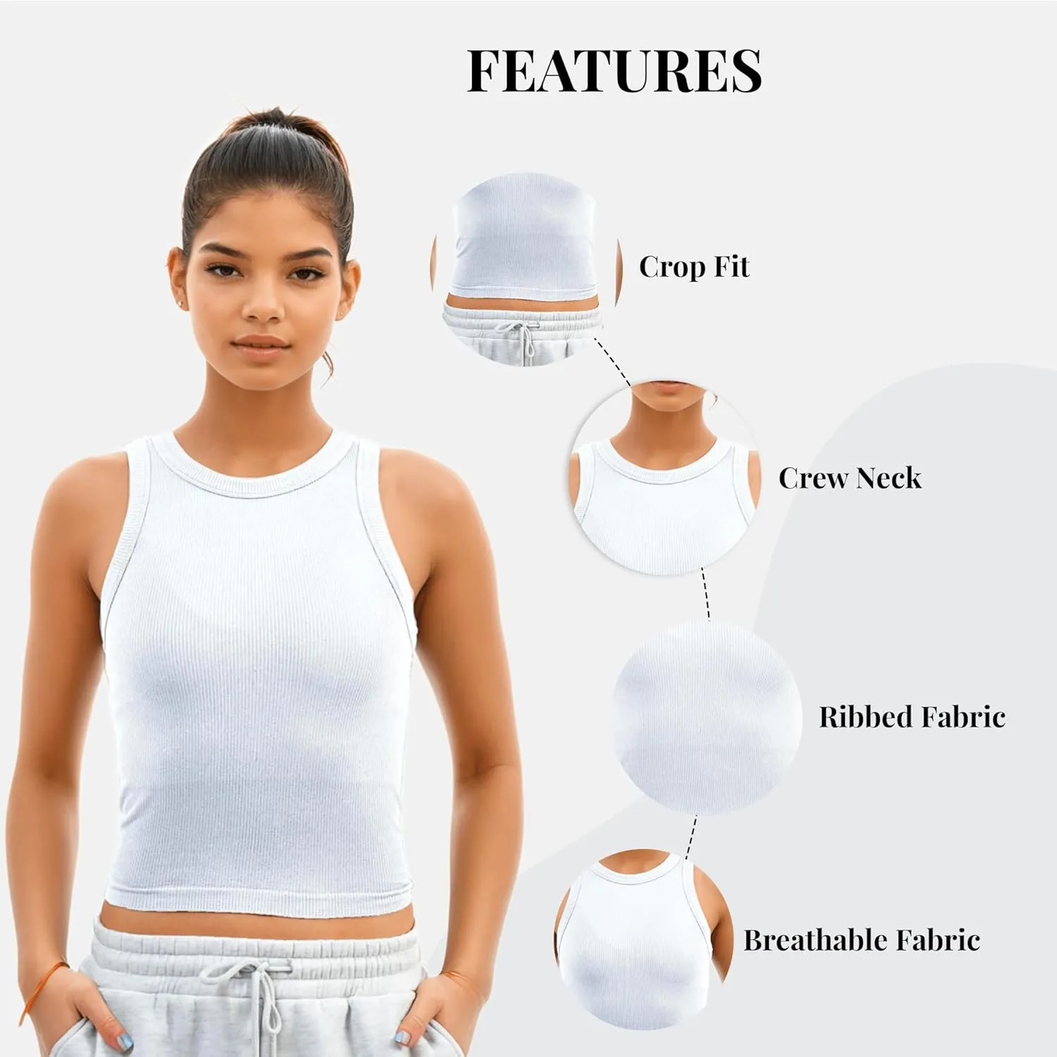 3 Pack Stretch Tank Tops for Women, Ribbed Seamless Crew Neck Womens Workout Crop Top Yoga Gym Shirts