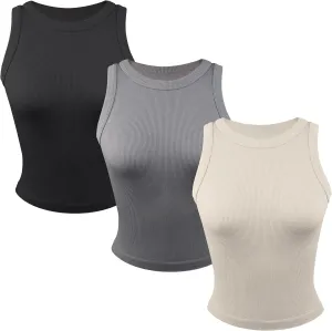 3 Pack Stretch Tank Tops for Women, Ribbed Seamless Crew Neck Womens Workout Crop Top Yoga Gym Shirts