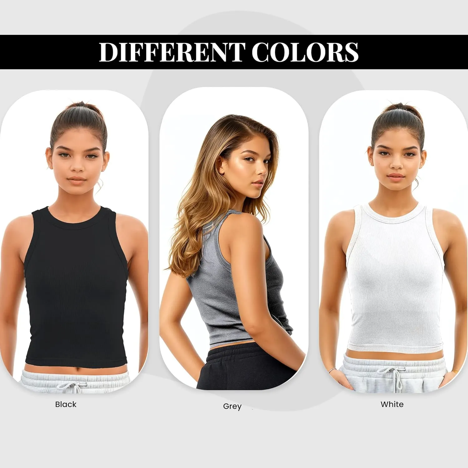 3 Pack Stretch Tank Tops for Women, Ribbed Seamless Crew Neck Womens Workout Crop Top Yoga Gym Shirts