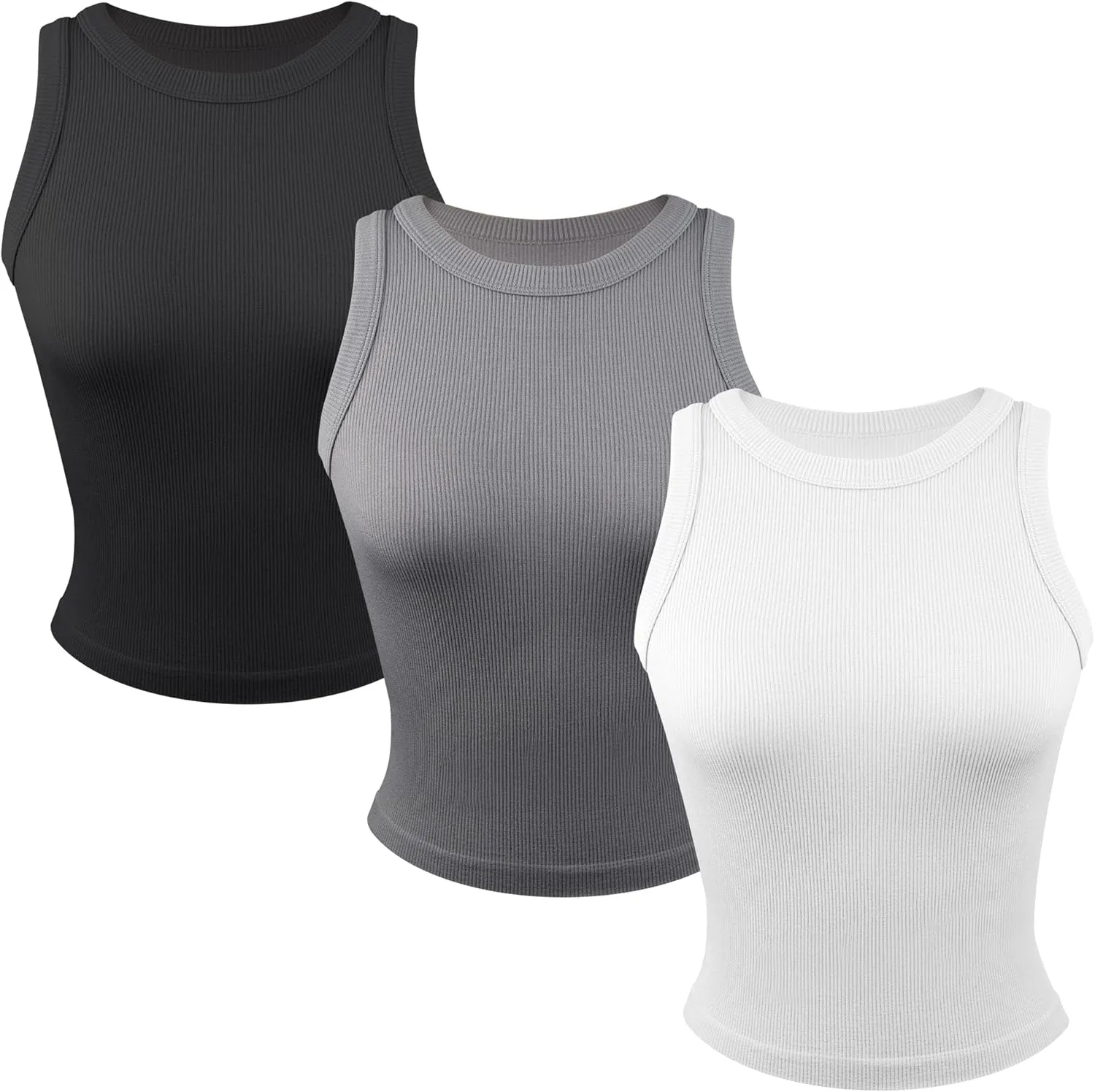 3 Pack Stretch Tank Tops for Women, Ribbed Seamless Crew Neck Womens Workout Crop Top Yoga Gym Shirts