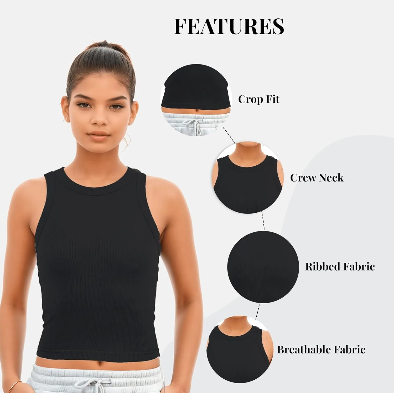 3 Pack Stretch Tank Tops for Women, Ribbed Seamless Crew Neck Womens Workout Crop Top Yoga Gym Shirts