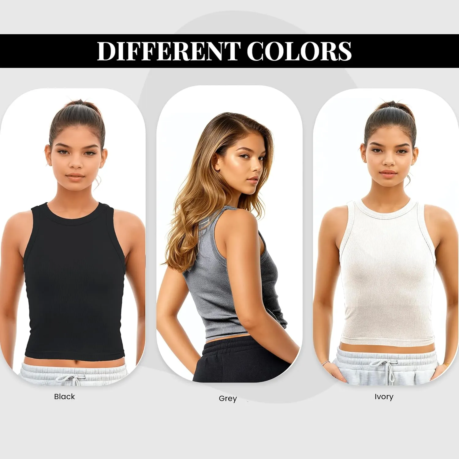 3 Pack Stretch Tank Tops for Women, Ribbed Seamless Crew Neck Womens Workout Crop Top Yoga Gym Shirts