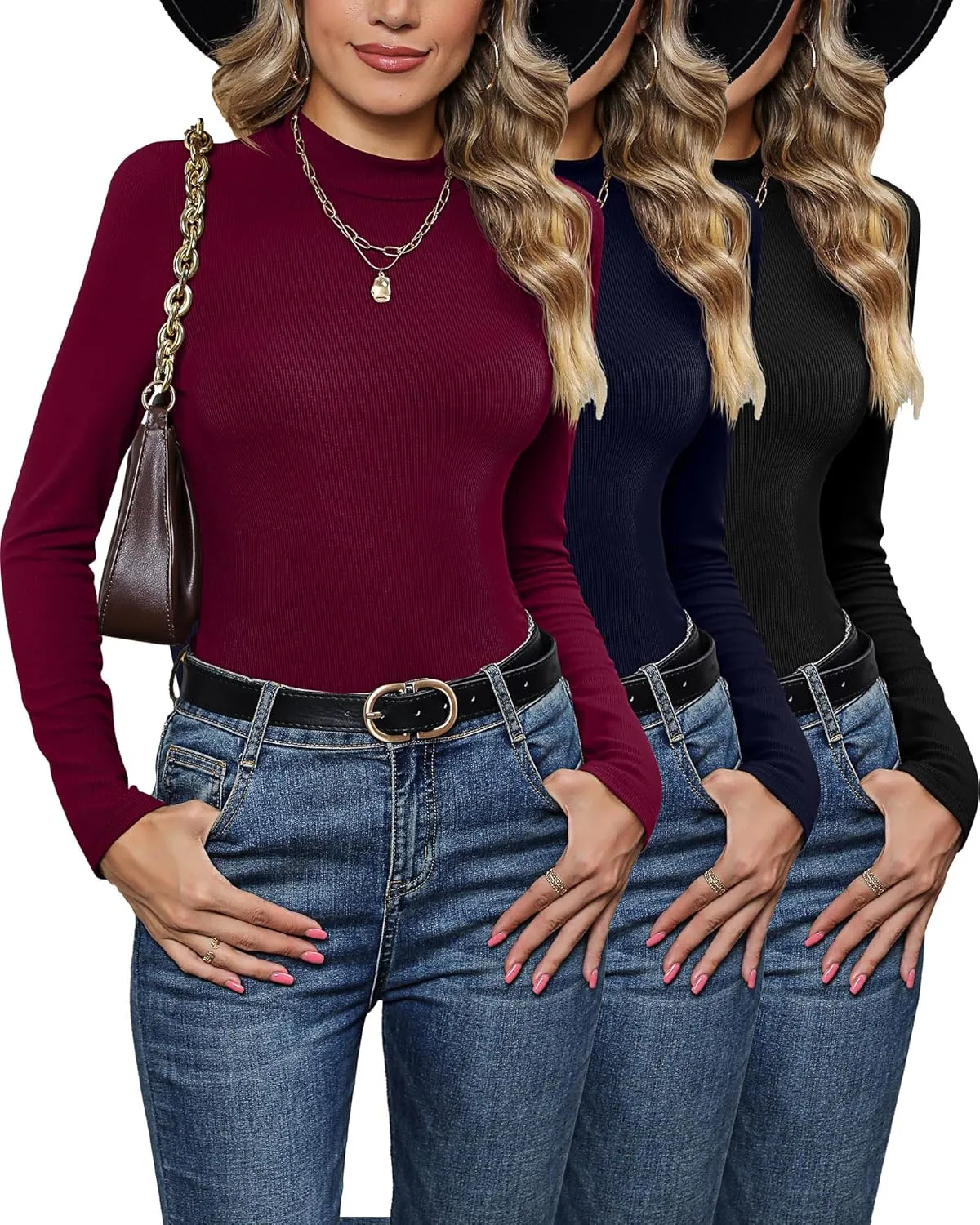 3 Pack Women's Mock Neck Tops, Fitted Ribbed Turtleneck Shirts 2025 Trendy Long Sleeve Knit Thermal Undershirts Tee