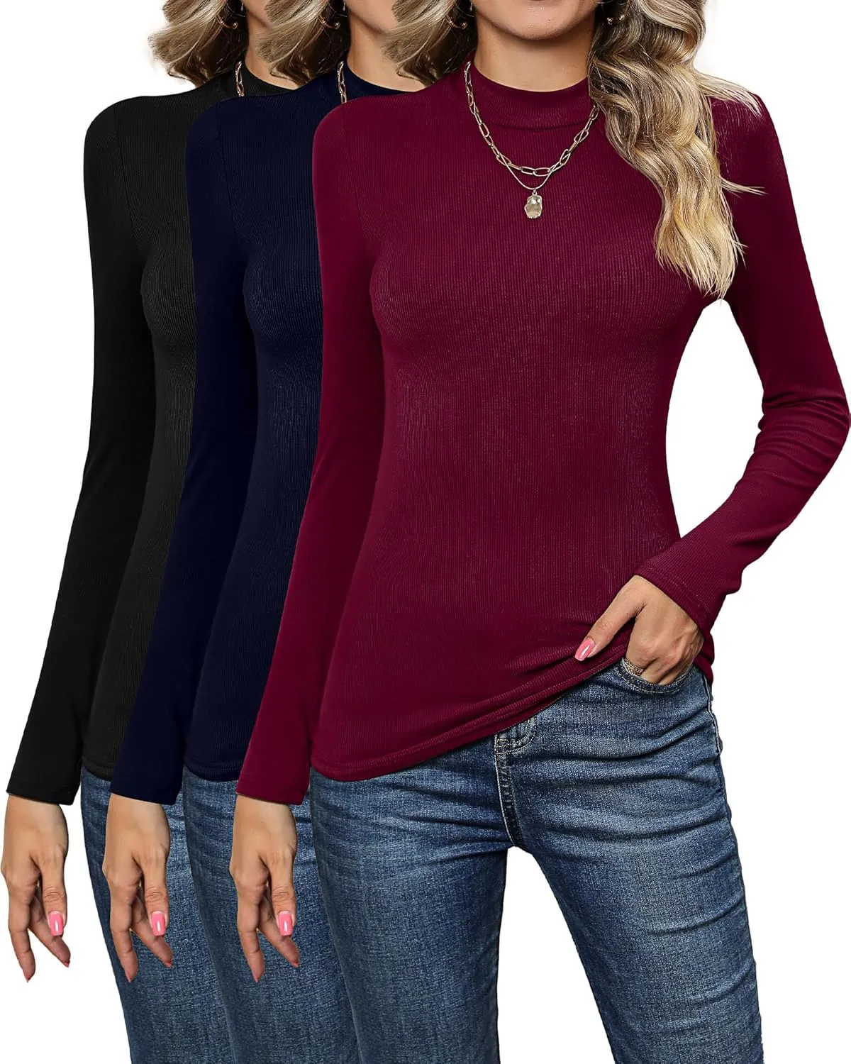 3 Pack Women's Mock Neck Tops, Fitted Ribbed Turtleneck Shirts 2025 Trendy Long Sleeve Knit Thermal Undershirts Tee