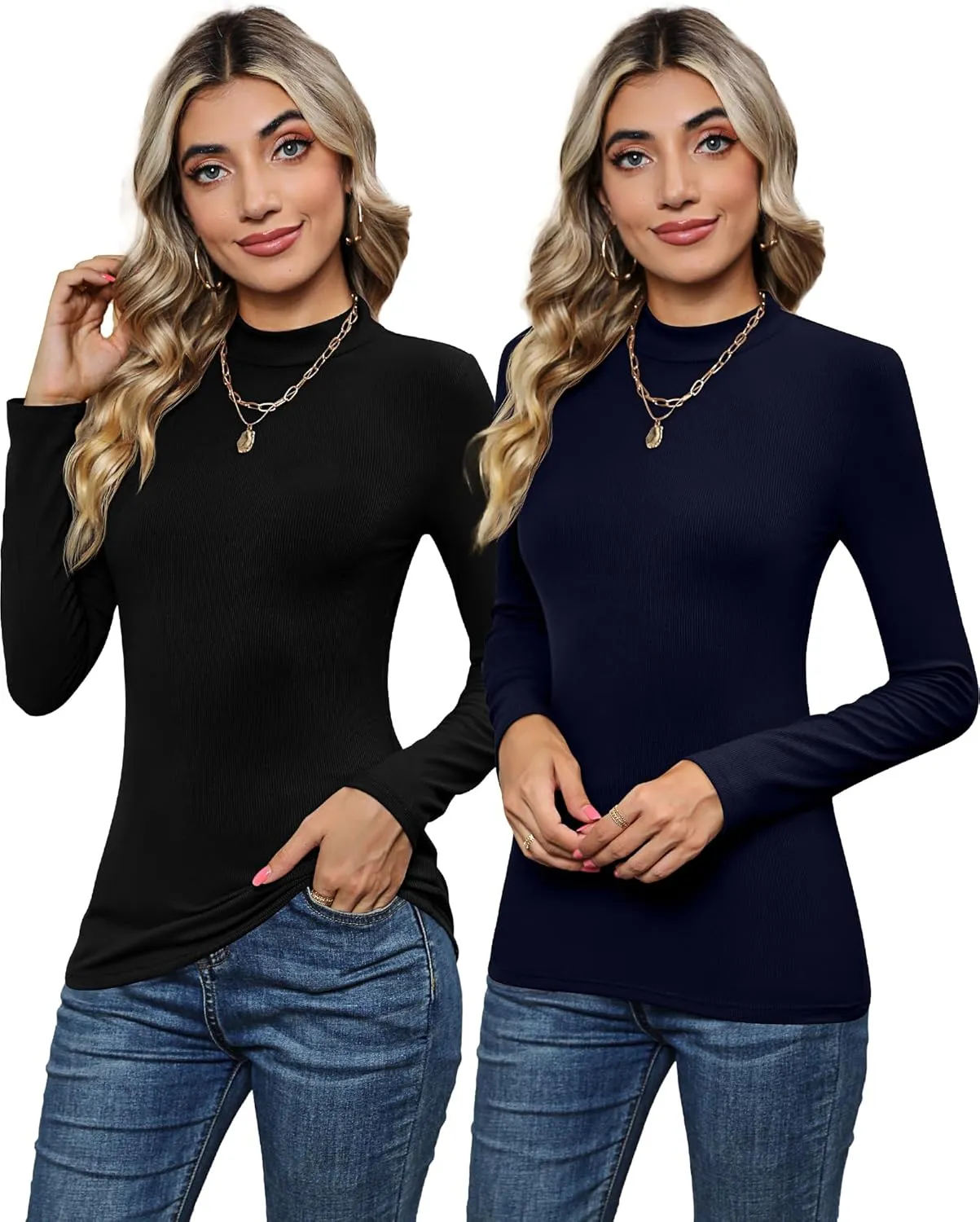 3 Pack Women's Mock Neck Tops, Fitted Ribbed Turtleneck Shirts 2025 Trendy Long Sleeve Knit Thermal Undershirts Tee