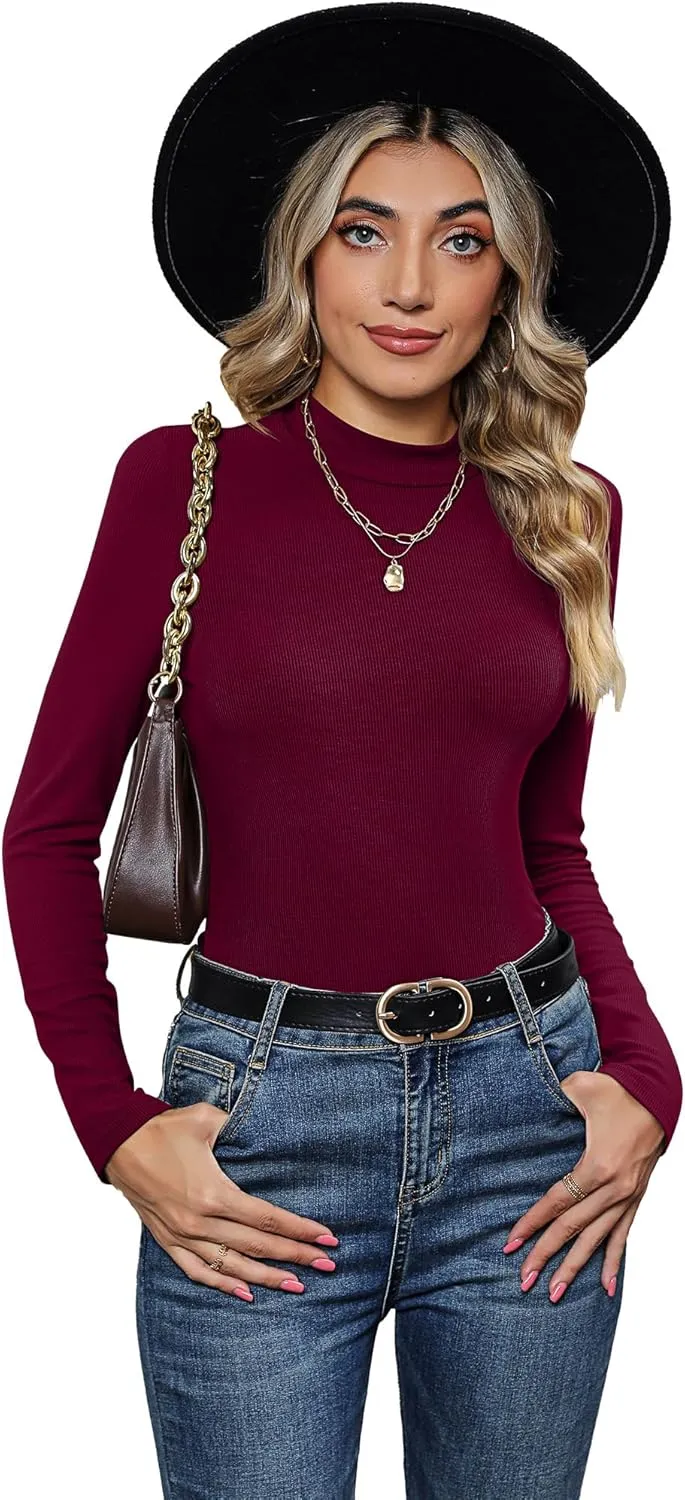 3 Pack Women's Mock Neck Tops, Fitted Ribbed Turtleneck Shirts 2025 Trendy Long Sleeve Knit Thermal Undershirts Tee