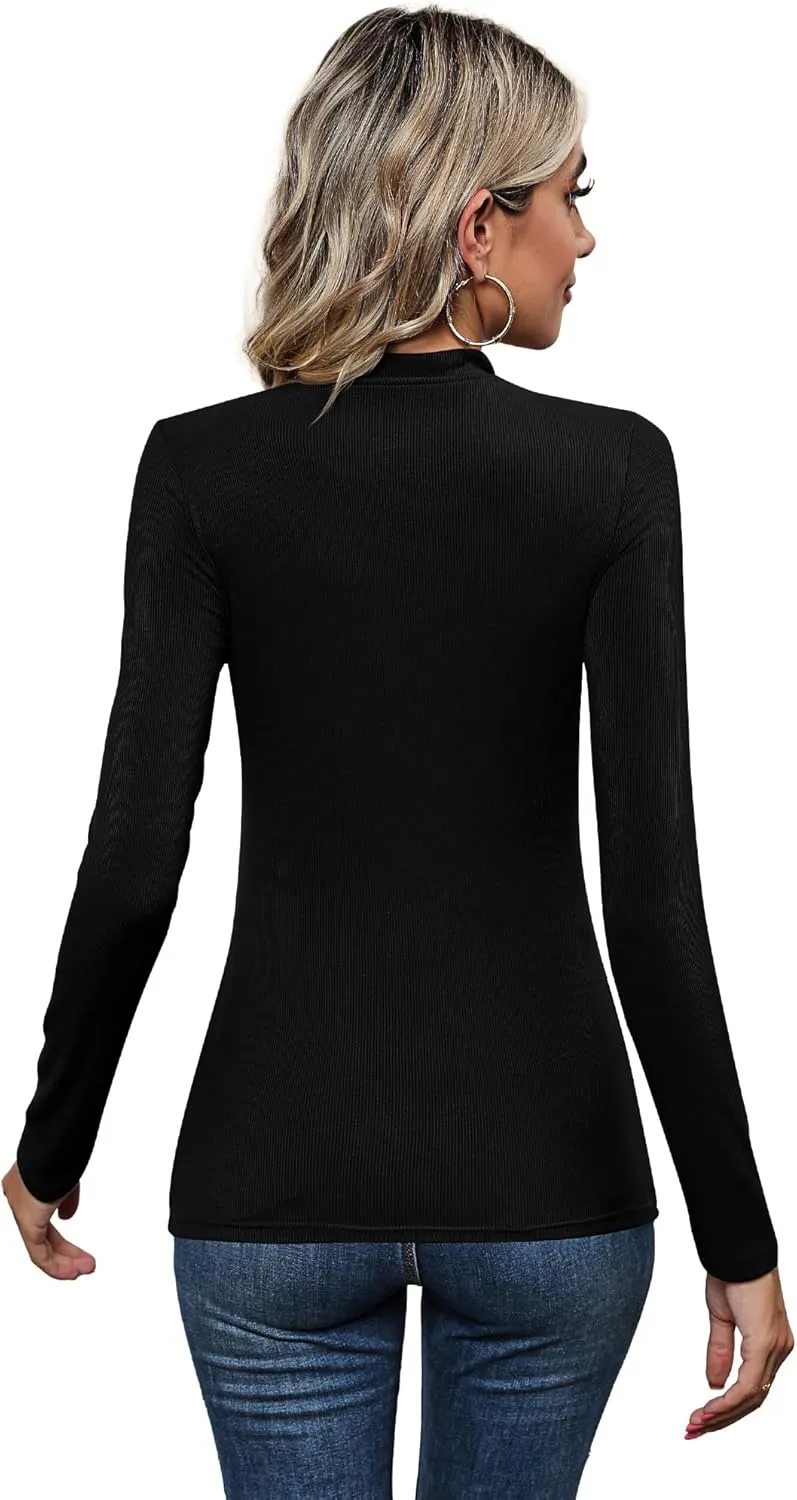 3 Pack Women's Mock Neck Tops, Fitted Ribbed Turtleneck Shirts 2025 Trendy Long Sleeve Knit Thermal Undershirts Tee