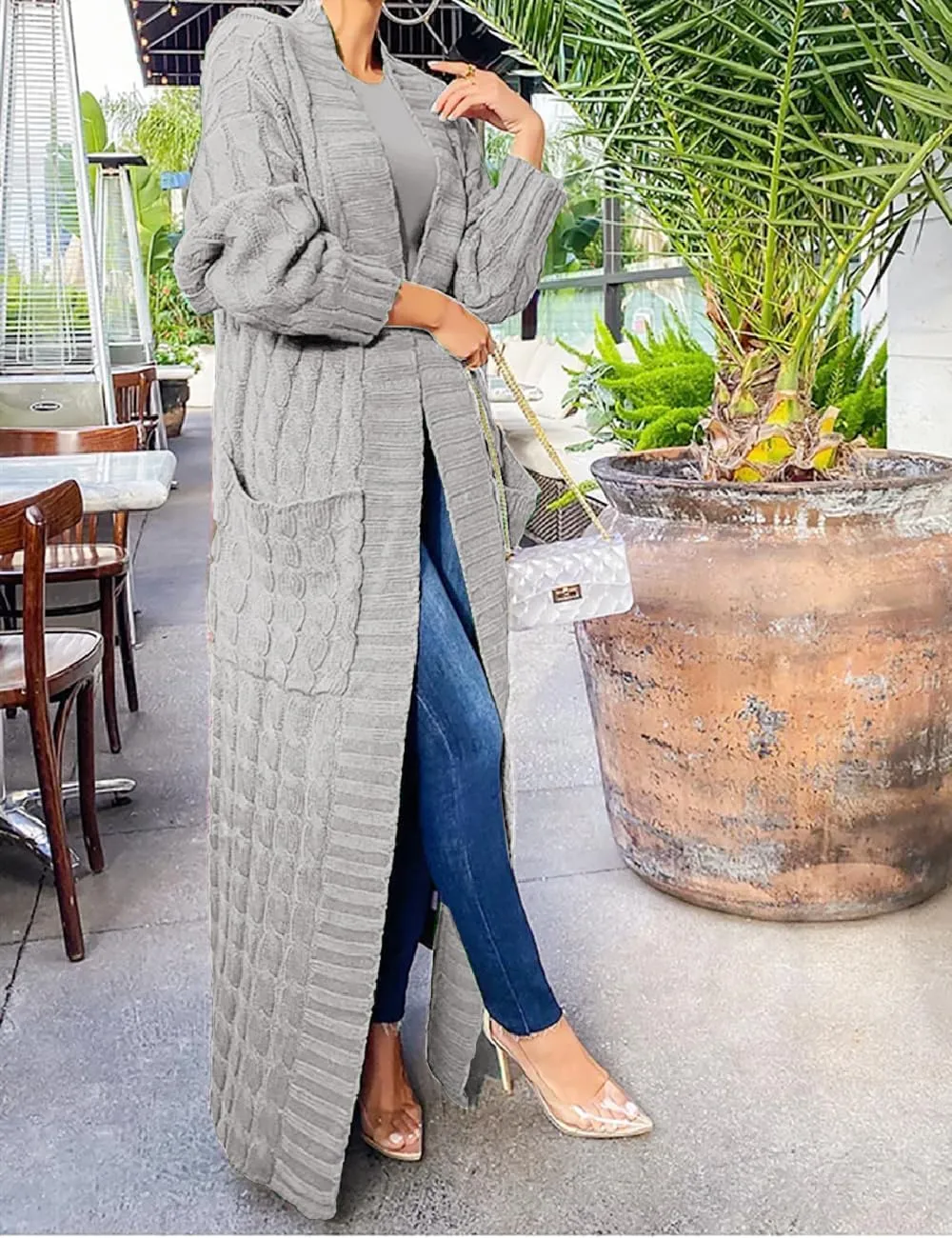A ADILACA Women's Thin Type Stylish Cable Knit Cardigan with 2-Pockets, Women's Extra Long Ankle Length Sweater