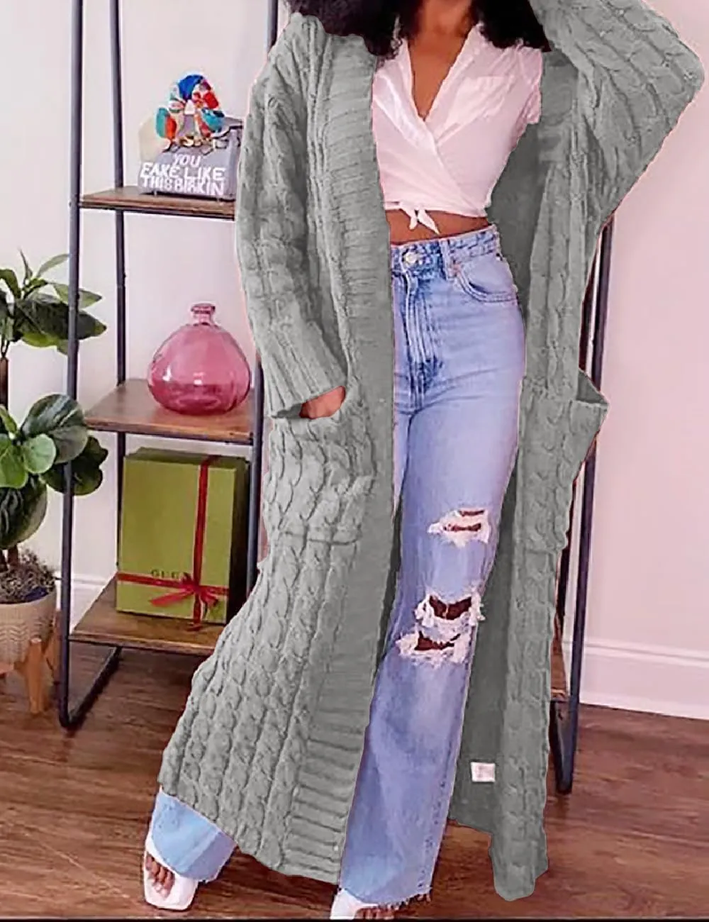 A ADILACA Women's Thin Type Stylish Cable Knit Cardigan with 2-Pockets, Women's Extra Long Ankle Length Sweater