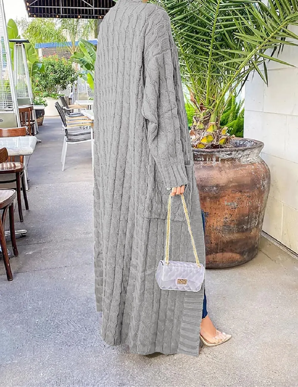 A ADILACA Women's Thin Type Stylish Cable Knit Cardigan with 2-Pockets, Women's Extra Long Ankle Length Sweater