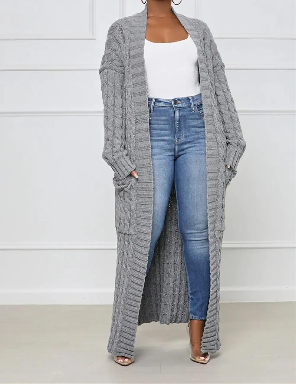 A ADILACA Women's Thin Type Stylish Cable Knit Cardigan with 2-Pockets, Women's Extra Long Ankle Length Sweater