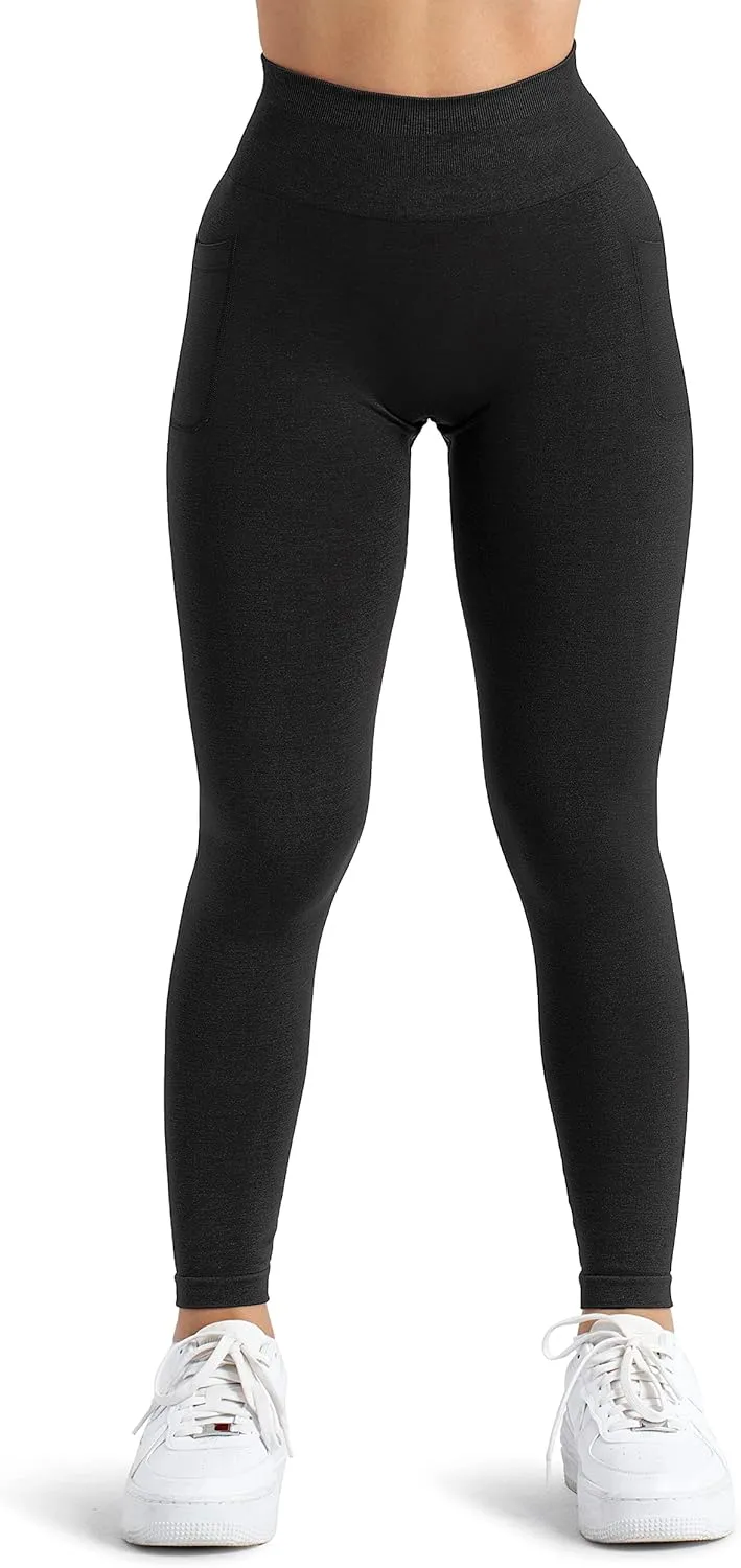 A AGROSTE Women Seamless Workout Leggings with Pockets Scrunch Butt Lifting Gym Leggings High Waisted Yoga Pants