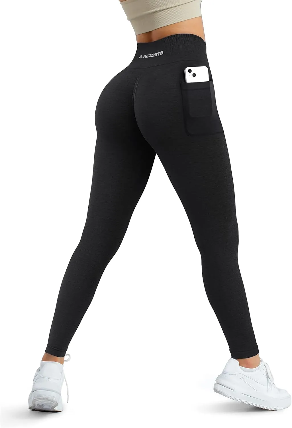 A AGROSTE Women Seamless Workout Leggings with Pockets Scrunch Butt Lifting Gym Leggings High Waisted Yoga Pants