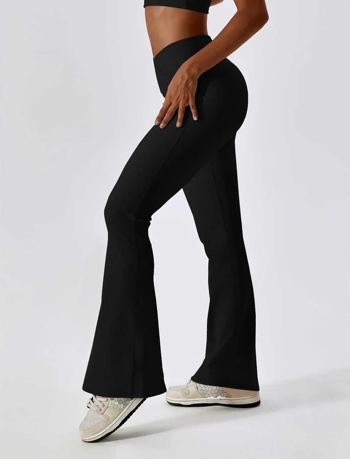ABOCIW Womens Crossover Ribbed Flare Leggings High Waisted Bootcut Yoga Pants Tummy Control Gym Workout Gym Leggings