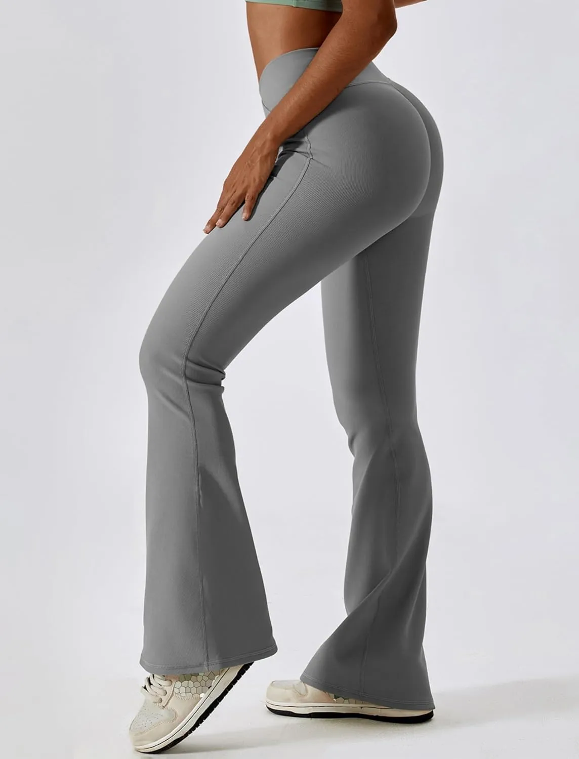ABOCIW Womens Crossover Ribbed Flare Leggings High Waisted Bootcut Yoga Pants Tummy Control Gym Workout Gym Leggings