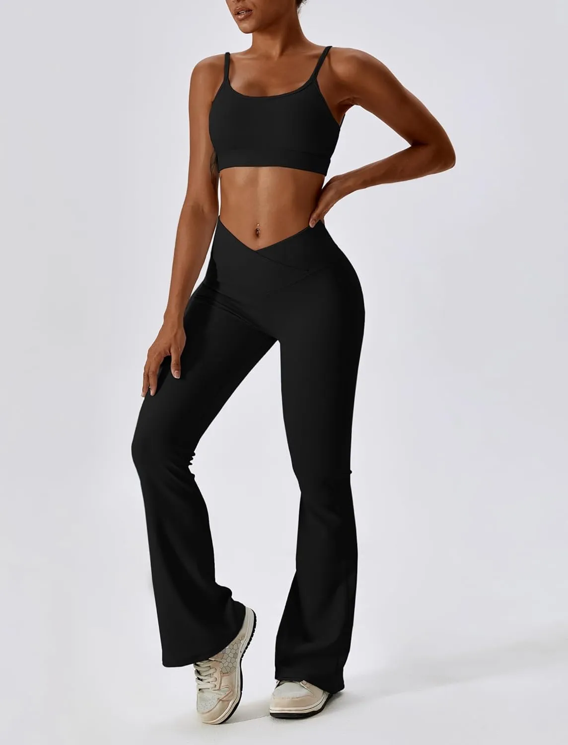 ABOCIW Womens Crossover Ribbed Flare Leggings High Waisted Bootcut Yoga Pants Tummy Control Gym Workout Gym Leggings