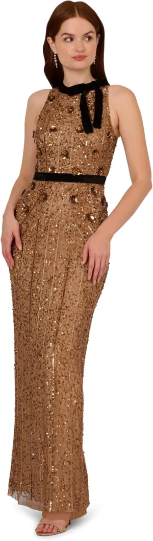 Adrianna Papell Women's Beaded Halter Long Dress