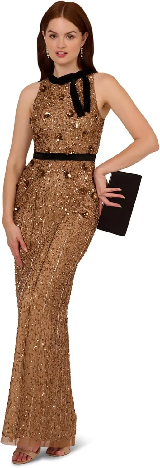Adrianna Papell Women's Beaded Halter Long Dress