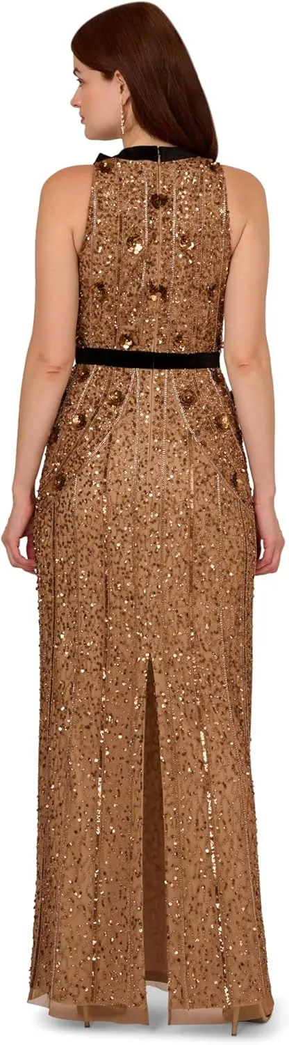 Adrianna Papell Women's Beaded Halter Long Dress