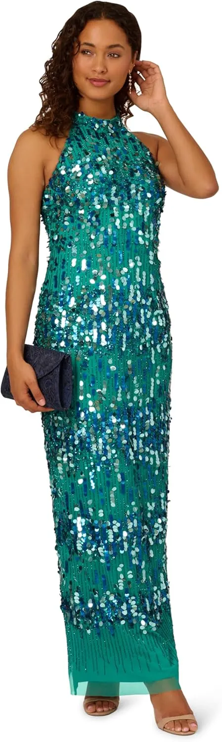 Adrianna Papell Women's Beaded Halter Long Dress