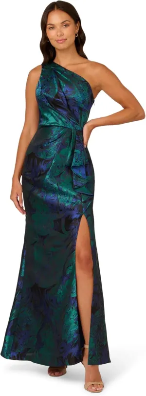 Adrianna Papell Women's One Shoulder Jacquard Gown