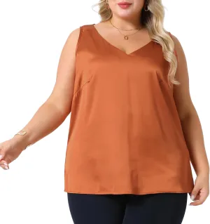 Agnes Orinda Plus Size Silk Satin Tank Tops for Women V Neck Casual Cami Sleeveless Blouses Summer Basic Tank