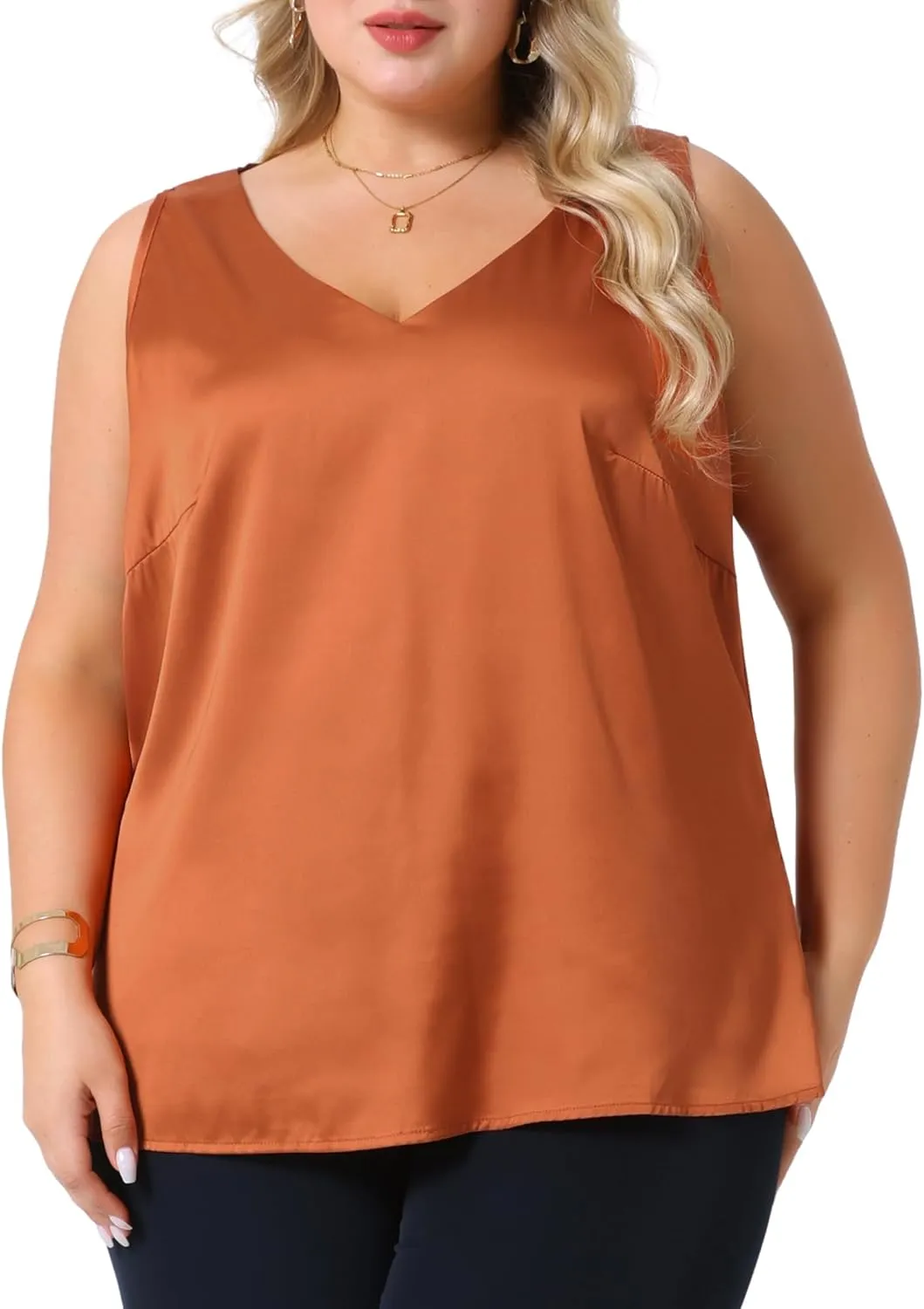 Agnes Orinda Plus Size Silk Satin Tank Tops for Women V Neck Casual Cami Sleeveless Blouses Summer Basic Tank