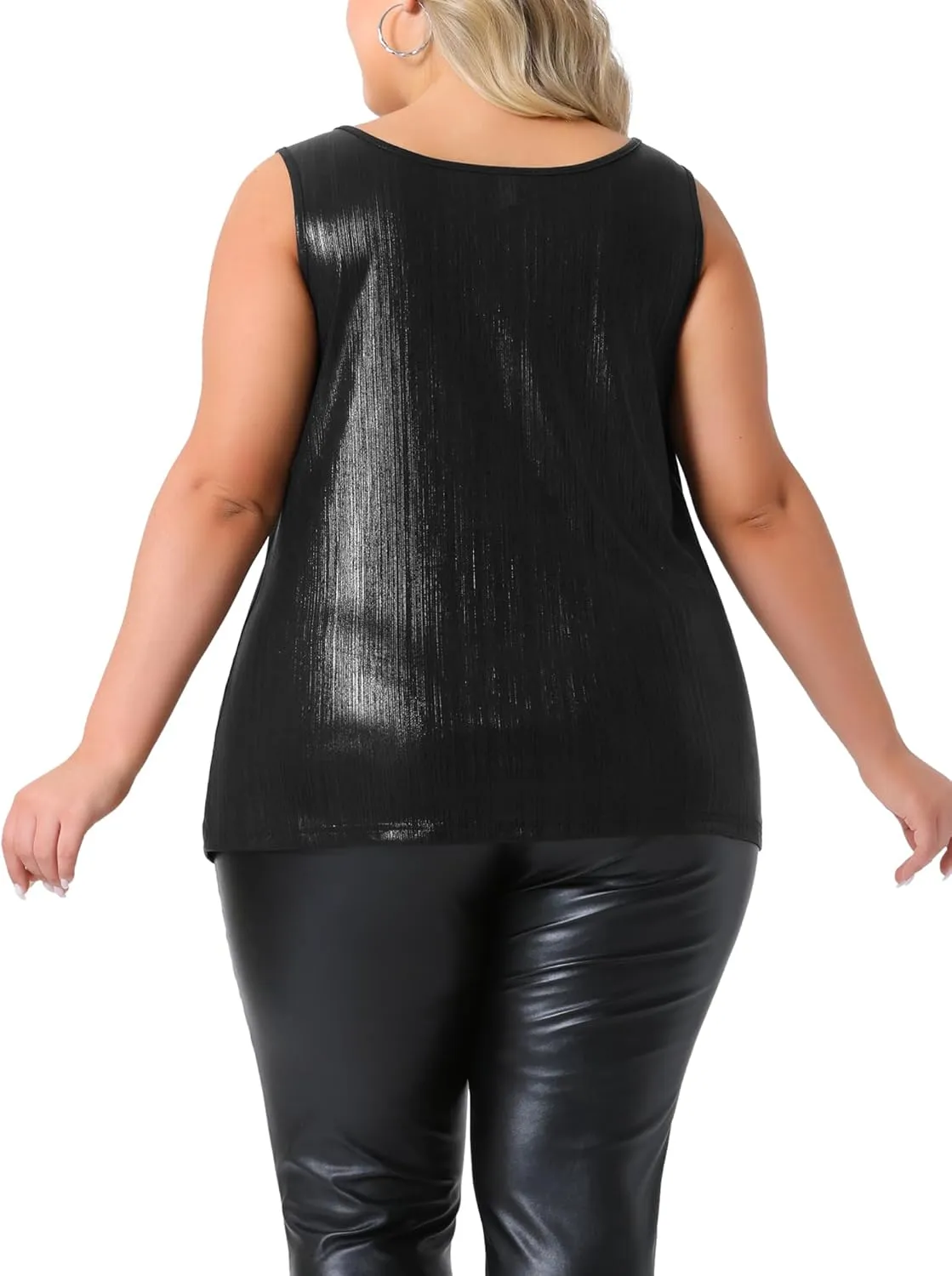 Agnes Orinda Plus Size Tops for Women Scoop Neck Sleeveless Party Clubwear Holographic Shiny Metallic Tank Top