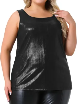 Agnes Orinda Plus Size Tops for Women Scoop Neck Sleeveless Party Clubwear Holographic Shiny Metallic Tank Top
