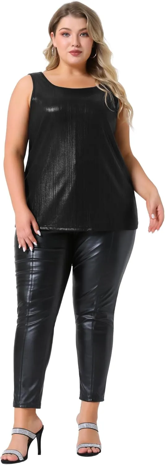 Agnes Orinda Plus Size Tops for Women Scoop Neck Sleeveless Party Clubwear Holographic Shiny Metallic Tank Top