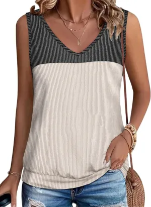 Anbech Women's Sleeveless Tshirts V Neck Summer Tank Tops Color Block Loose Cami Shirt
