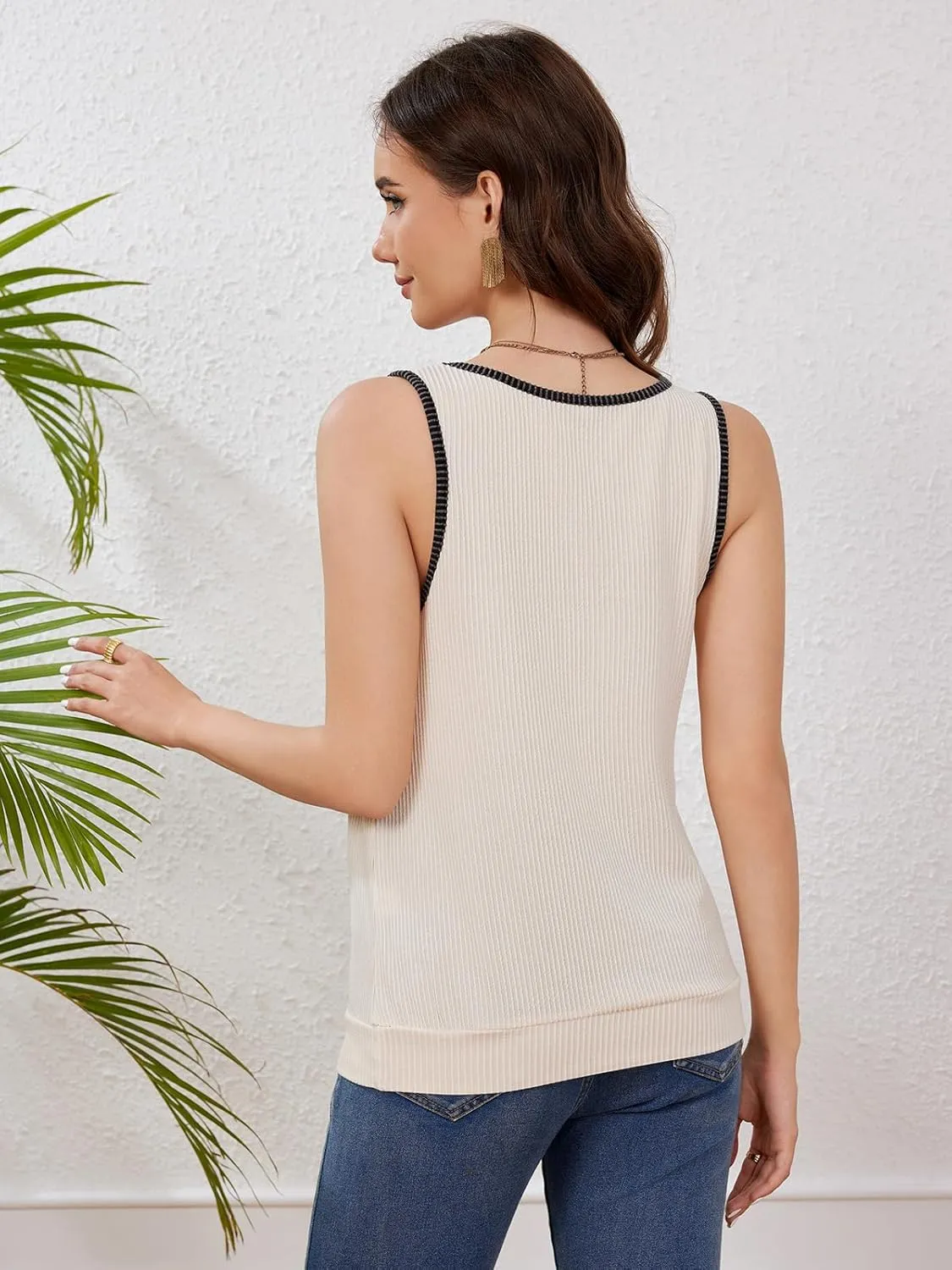 Anbech Women's Sleeveless Tshirts V Neck Summer Tank Tops Color Block Loose Cami Shirt