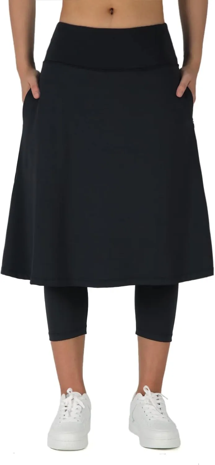 ANIVIVO Women Long Knee Length Skirt with Capris Leggings,Skirted Leggings with High Waisted Zipper Pockets