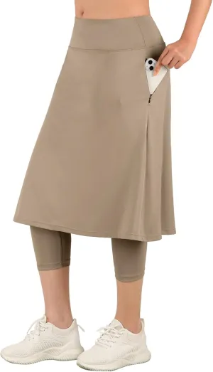 ANIVIVO Women Long Knee Length Skirt with Capris Leggings,Skirted Leggings with High Waisted Zipper Pockets