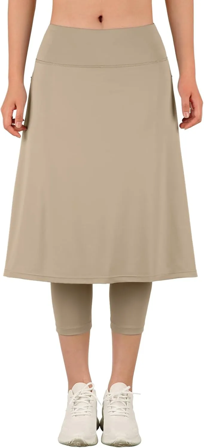 ANIVIVO Women Long Knee Length Skirt with Capris Leggings,Skirted Leggings with High Waisted Zipper Pockets