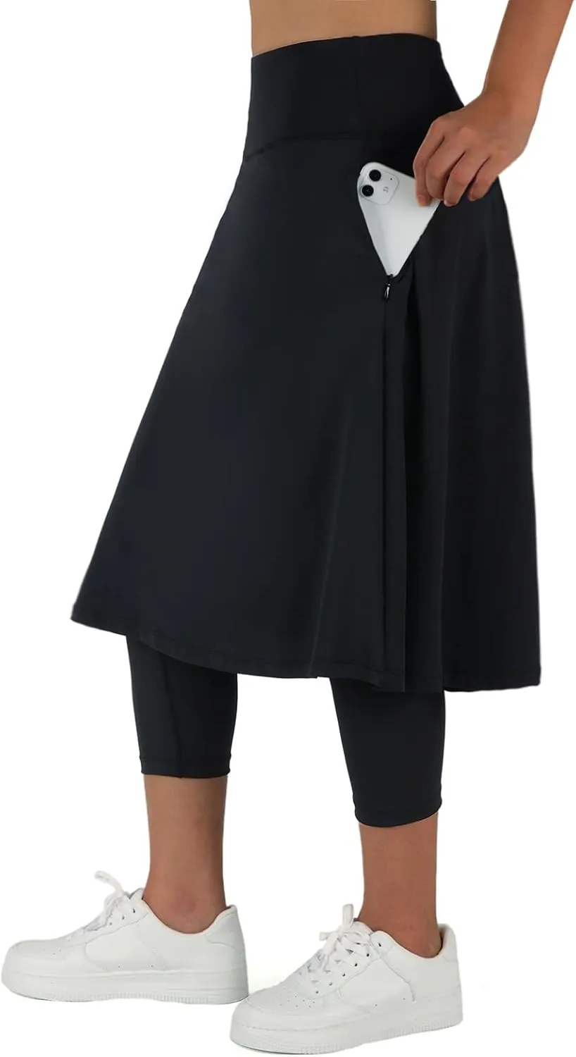 ANIVIVO Women Long Knee Length Skirt with Capris Leggings,Skirted Leggings with High Waisted Zipper Pockets