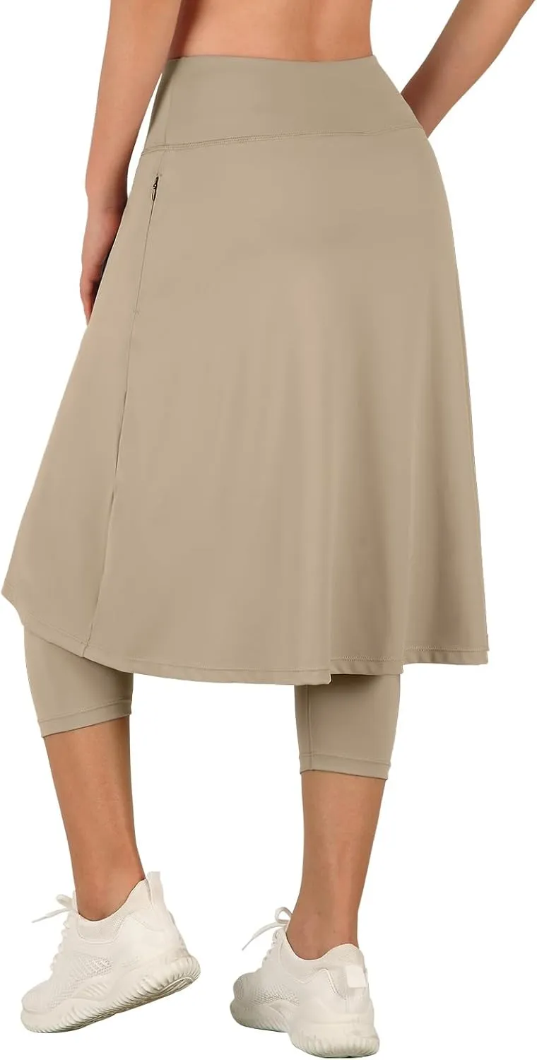 ANIVIVO Women Long Knee Length Skirt with Capris Leggings,Skirted Leggings with High Waisted Zipper Pockets
