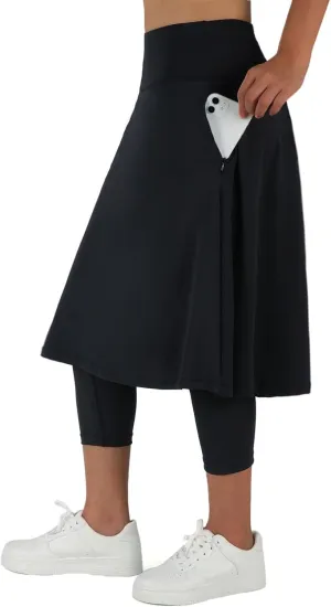 ANIVIVO Women Long Knee Length Skirt with Capris Leggings,Skirted Leggings with High Waisted Zipper Pockets