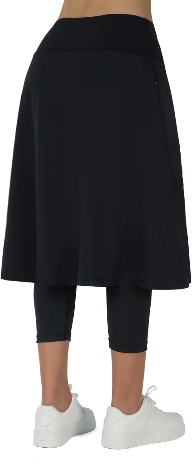 ANIVIVO Women Long Knee Length Skirt with Capris Leggings,Skirted Leggings with High Waisted Zipper Pockets