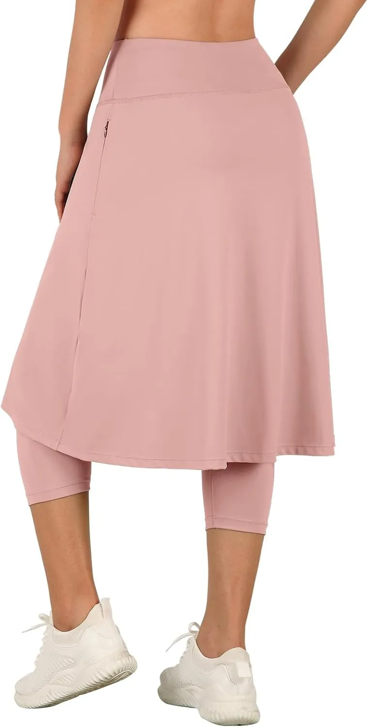 ANIVIVO Women Long Knee Length Skirt with Capris Leggings,Skirted Leggings with High Waisted Zipper Pockets